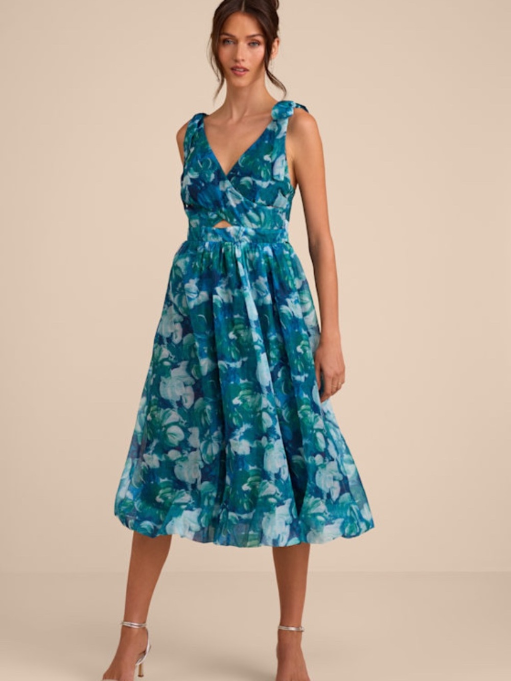Lulus Flowering Day Dream Teal Blue Floral Organza Midi Bubble Dress - Size XL